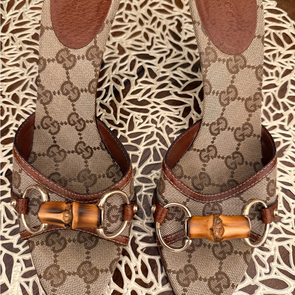 Vintage Gucci Brown Bamboo Logo Mules - Picture 13 of 15